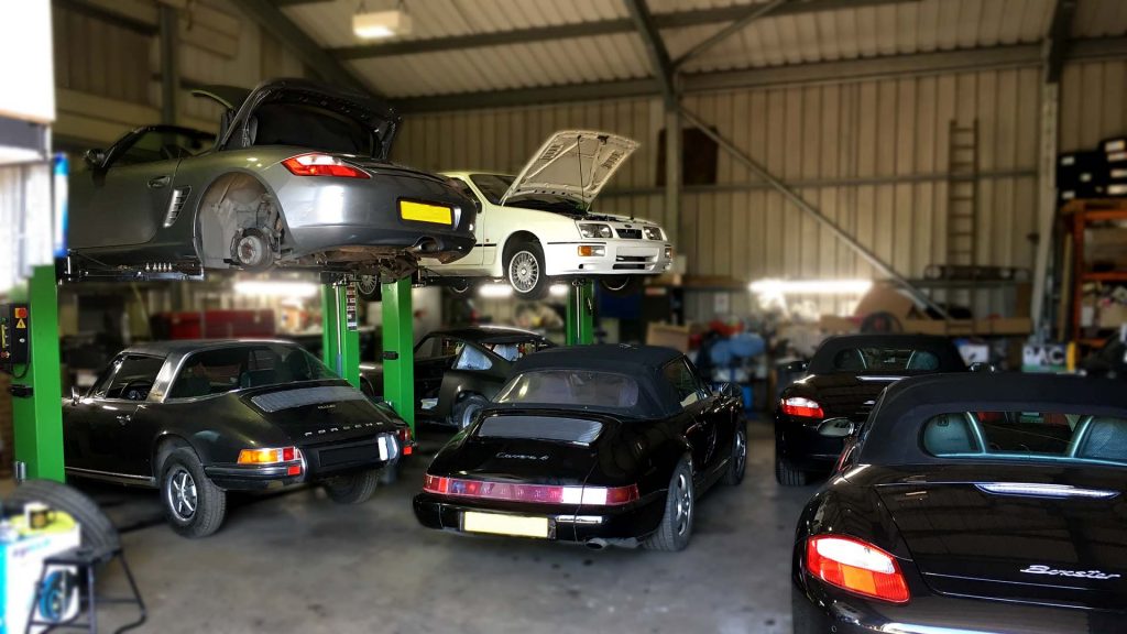 Porsche sports cars in the Brookfield Garage workshop, Stowmarket